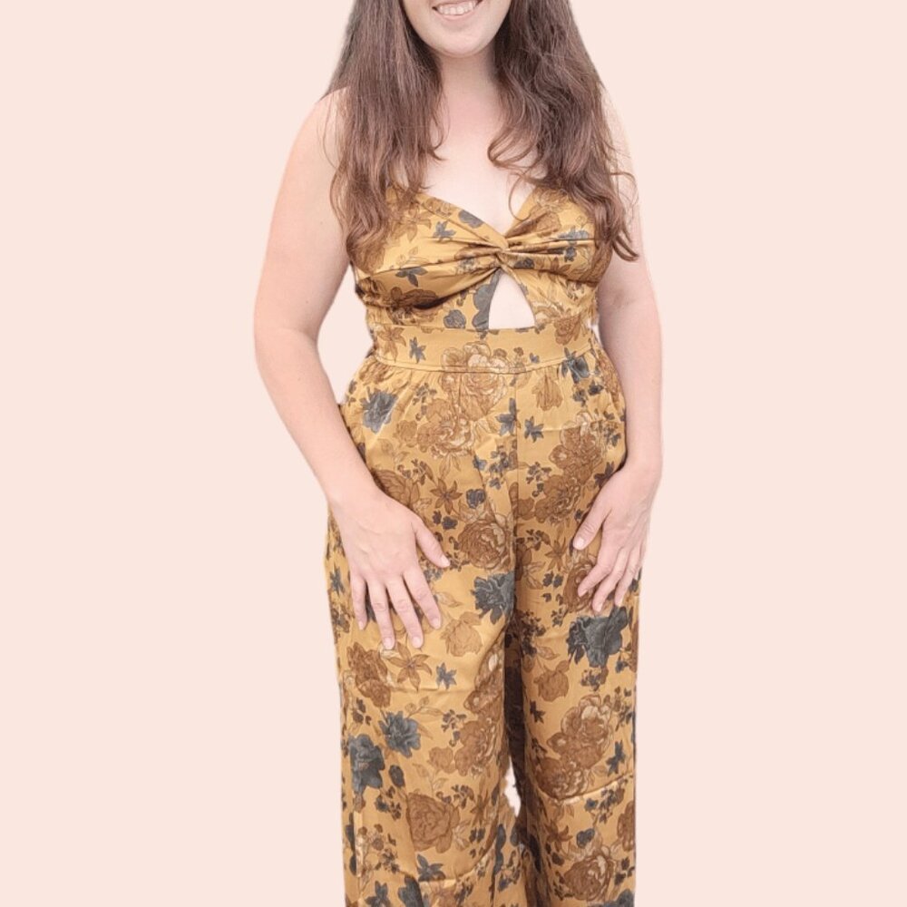 Gold Floral Jumpsuit Womens Sleeveless Wide Legs Smooth Regal Blu Pepper